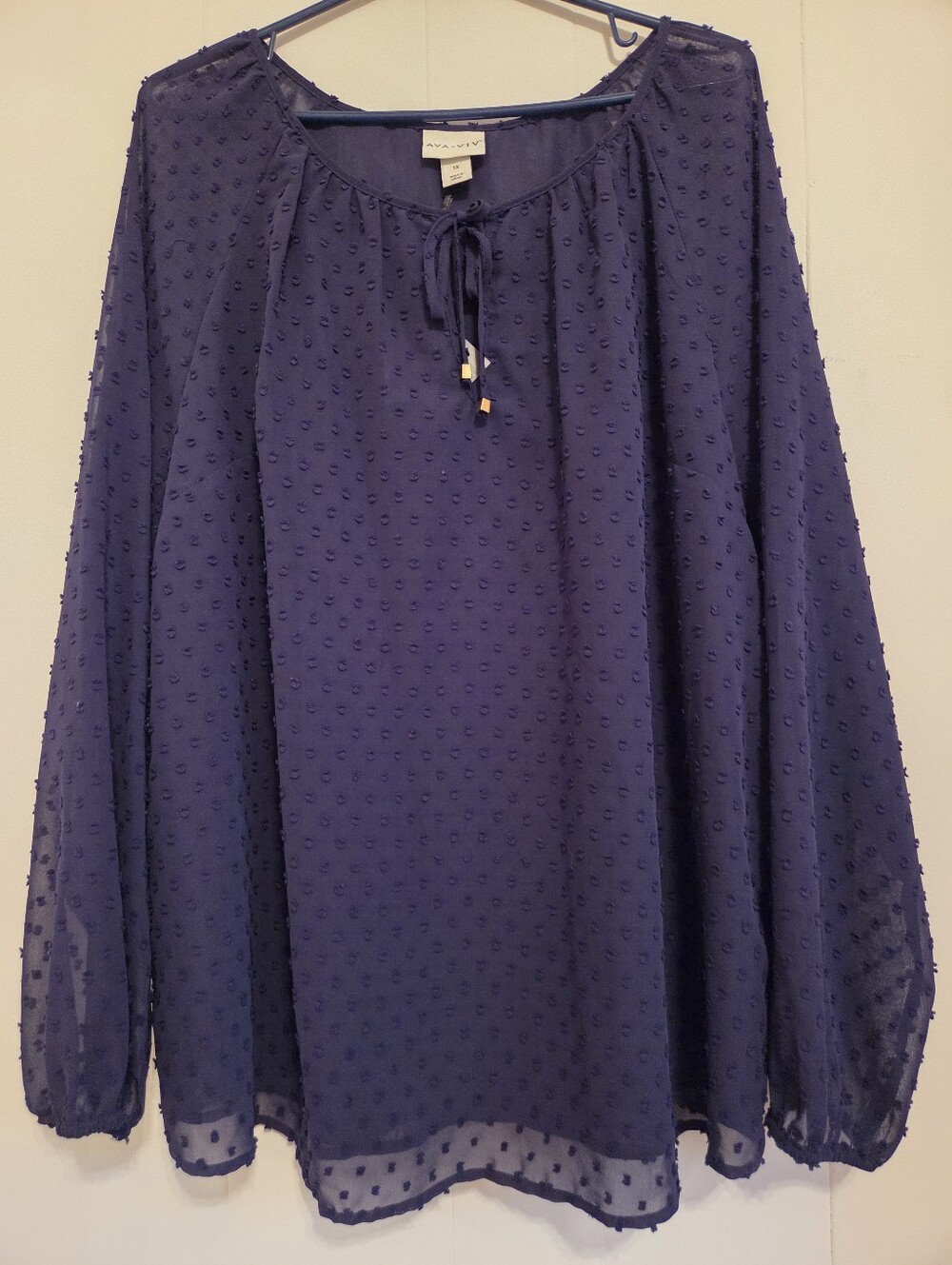 NWT Ava and Viv Navy Swiss Dot Peasant Blouse